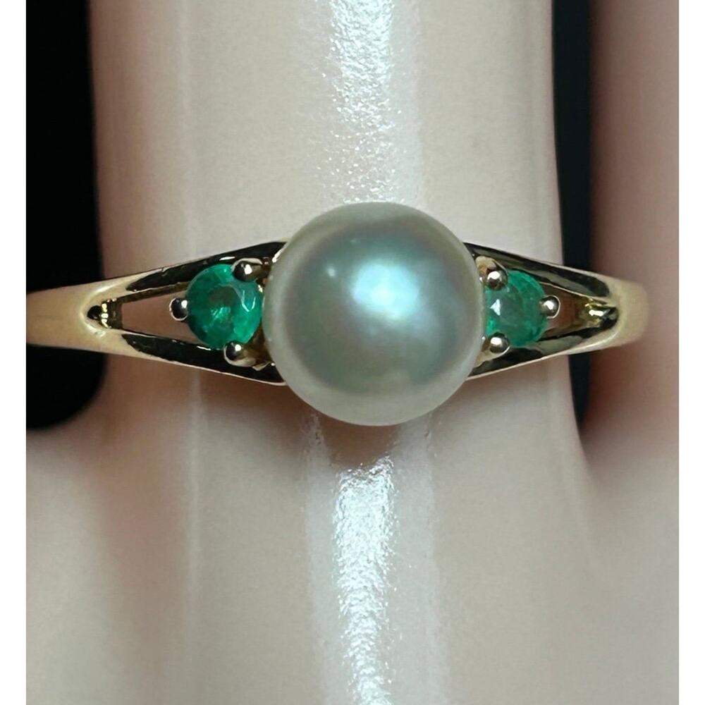T&C 14k solid yellow gold white pearl genuine emerald gemstone ring fine jewelry